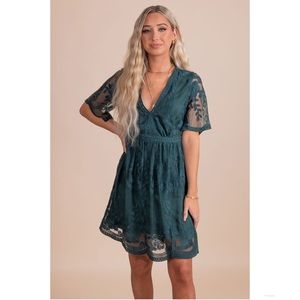 NWOT Bella Ella Boutique Light My Fire Dark Teal Lace Mini Dress